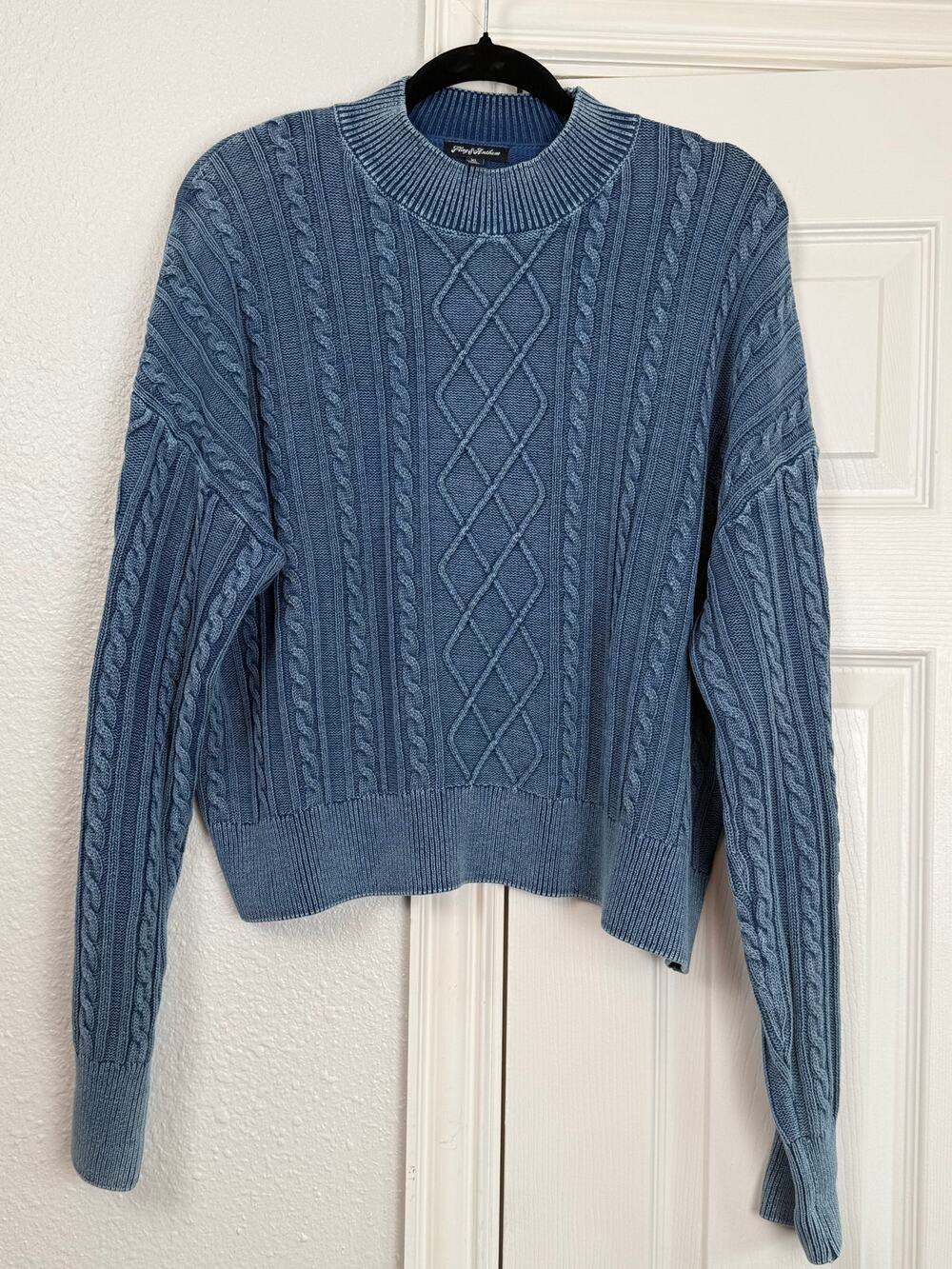 Flag & Anthem Blue Cable Knit Sweater Women’s XL 100% Cotton Crewneck